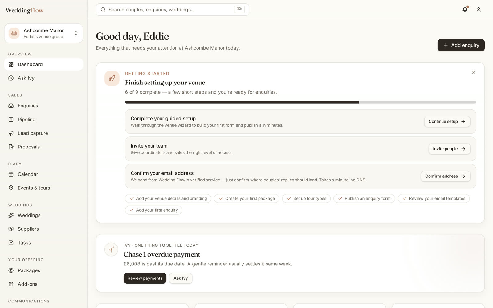 Wedding Flow dashboard showing new enquiries and setup progress